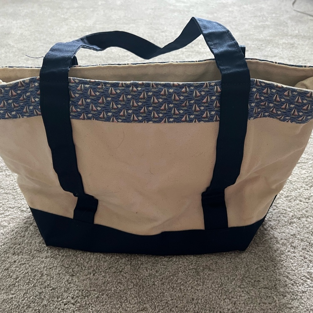 Vineyard Vines Cream Canvas Tote with Navy Trim and Sailboat Accent - Picture 4 of 4